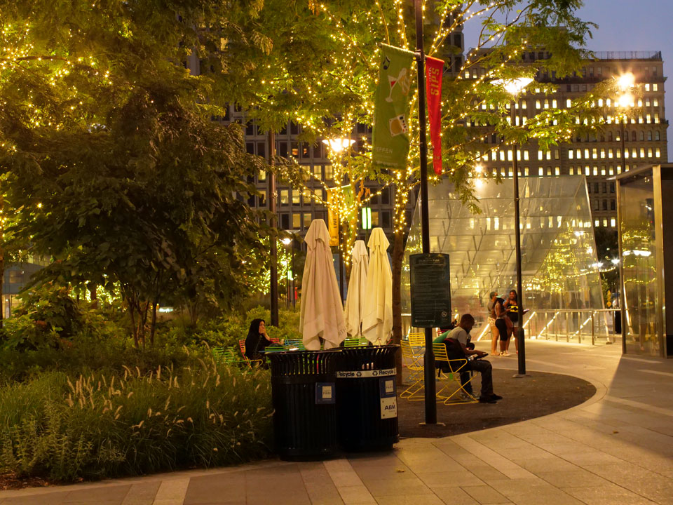 An illuminated city garden at night